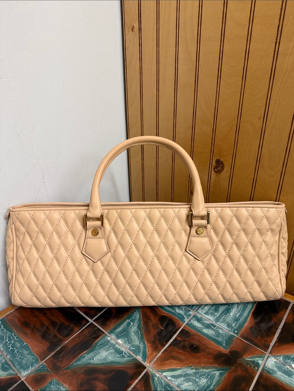 Brooks Brothers Beige Quilted Leather East West Satchel Bag Made in Italy